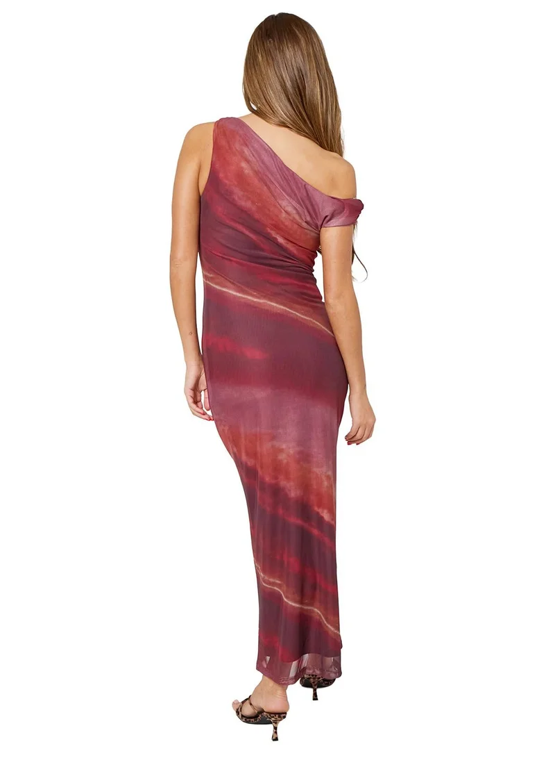 Urban Bliss Burgundy Off-The-Shoulder Tie-Dye Mesh Maxi Dress